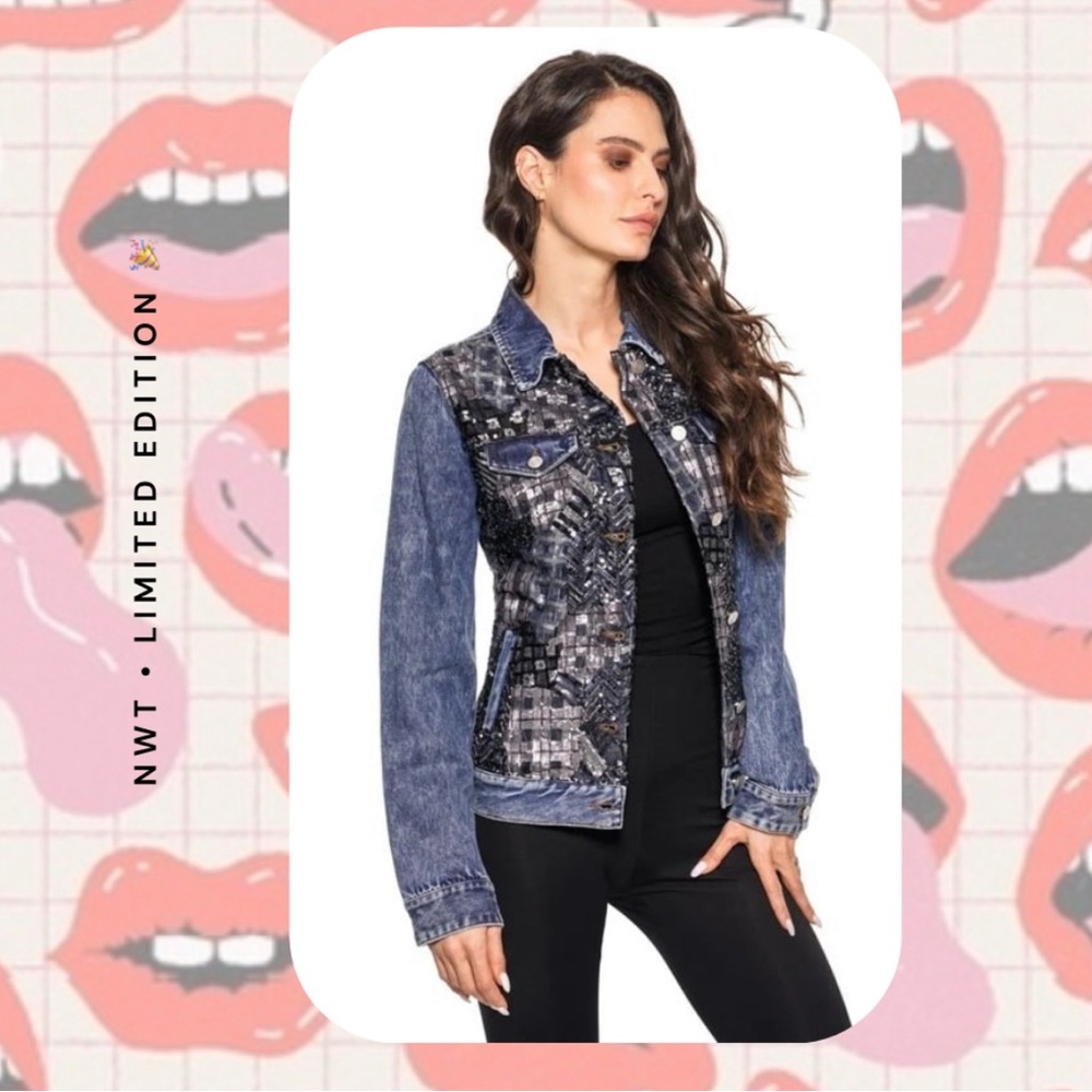 nwt ๐ denim moto jacket with abstract plaid sequins - Picture 4 of 16